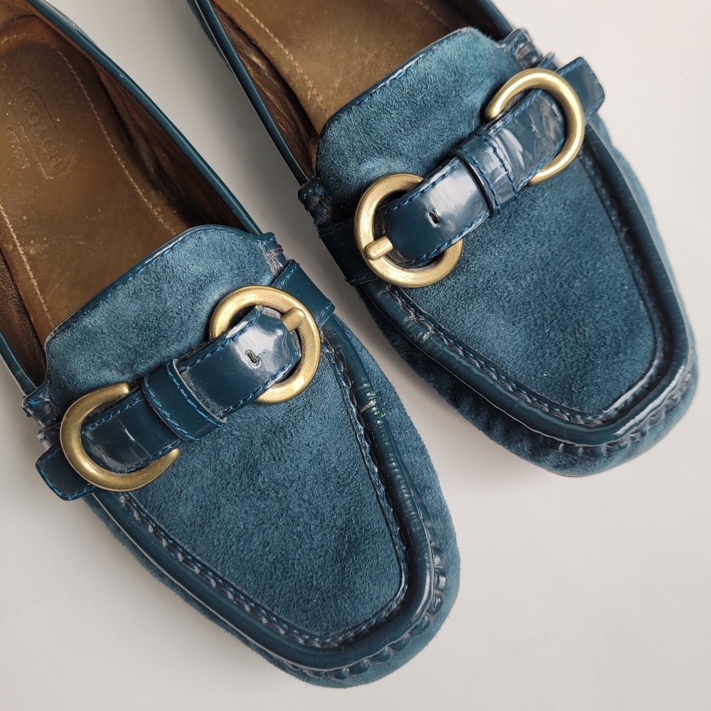 Women's Teal Suede Loafers with Buckle Accent - Picture 3 of 13